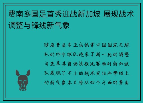 费南多国足首秀迎战新加坡 展现战术调整与锋线新气象